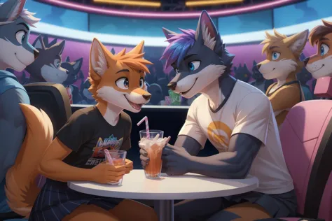 (anthro furry:1.4), duo, 1girl, 1boy, skirt, logo t-shirt, arcade, video games, crowd, playing game, quarters, drink cup, drink ...