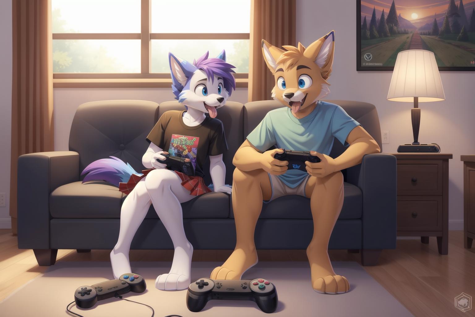 There are two cartoon foxes sitting on a couch playing video games - SeaArt  AI