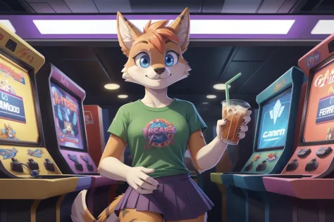(anthro furry:1.4), female, skirt, logo t-shirt, arcade, video games, crowd, playing game, quarters, drink cup, drink straw, car...