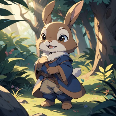 a cartoon rabbit with a backpack in the woods