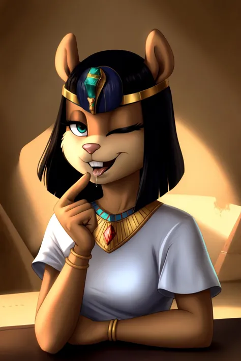 portrait, (sandy-cheeks), ancient egyptian clothes, (sparkling clothes),
(black egyptian hair:1.2), side bangs, (smug face:1.2), one eye closed, glowing eye,
(detailed trimmed hair), (squirrel fluffy tail:1.2), (detailed fluffy fur:1.3), (detailed perfect ...
