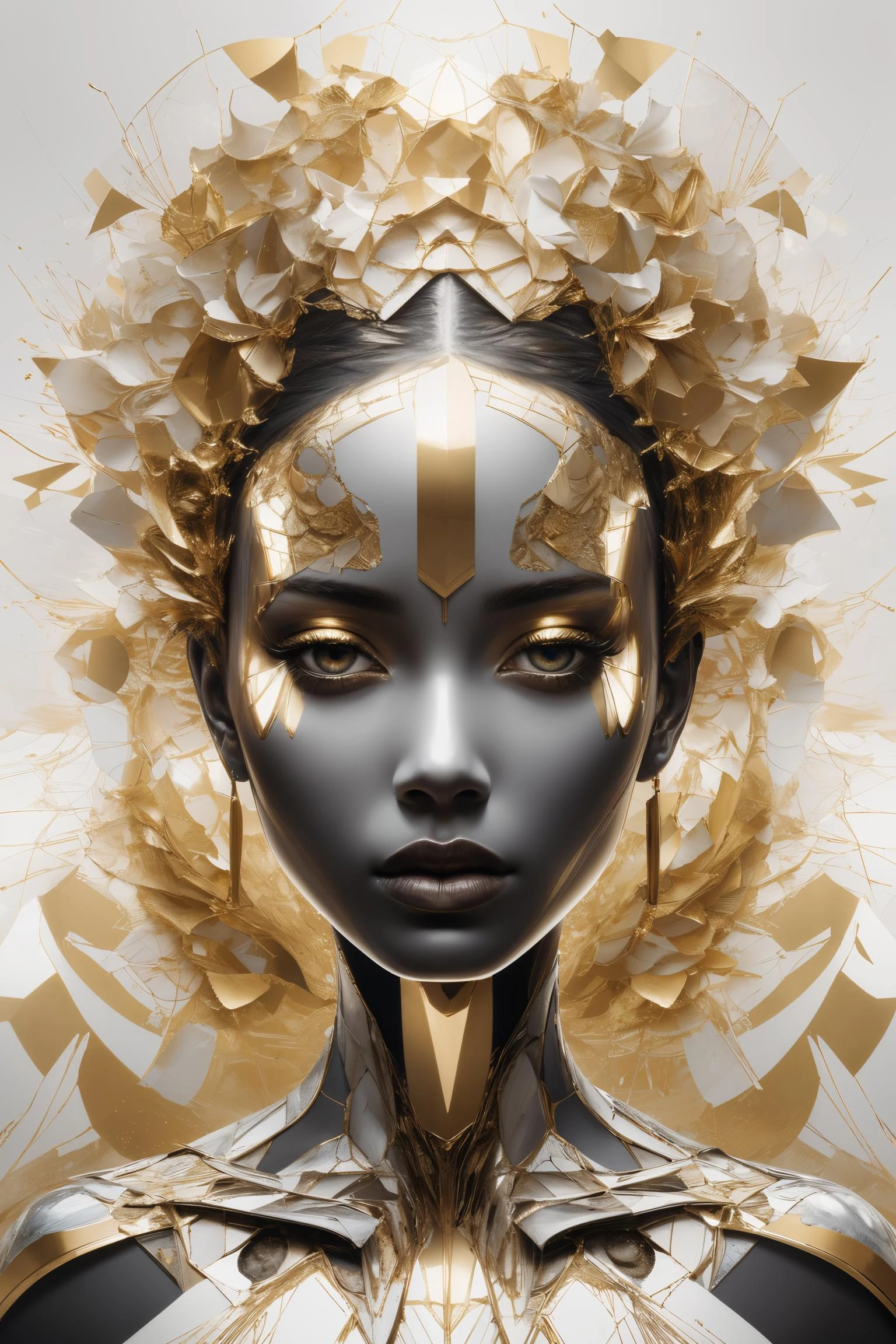 golden, ultra detailed artistic abstract photography of geometrical woman face, Beautiful white rose flower on the seashore, sunny day, white cumulus clouds, detailed symmetric circular iris, shattered paper fragments, natural body posture, art by alberto seveso, by guy denning, by johannes itten, by russ mills, by gustav klimt, Symmetrical, abstract art style, intricate complex watercolor painting, sharp eyes, Digital painting, color explosion, radiance, colorful, Concept art, volumetric lighting, metallic reflections, 8k, by artgerm, Trending on Artstation, 16k resolution, 300 dpi, 600 dpi, 4k, Contest winner, High definition, golden eyes
, detailed, realistic, 8k uhd, high quality