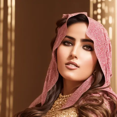 25yo arabic female looking at viewer, sitting on sofa, detailed face,  attractive, underboob, full elegant dress, wavy chestnut hair, ((closeup)), perfect eyes, (interior home background), (photorealistic), intricate, highly detailed, absurd res, symmetrical, backlighting, colorful,  concept art, (photography:1.5), sharp focus, illustration, award-winning, 8K.