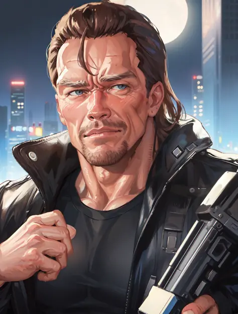 a realistic portrait of Arnold Schwarzenegger as the Terminator, background of a city at night