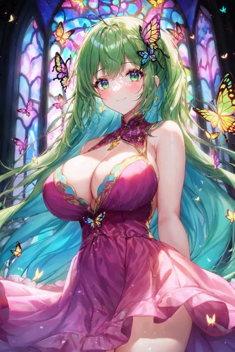 1girl, masterpiece, extremly detailed, (beautiful detailed glow), lens flare, multicolored hair, rainbow hair, long hair, multicolored dress, butterfly hair ornament, butterflies, (light particles), Arms behind back, large breasts, [curvy], cowboy shot, li...