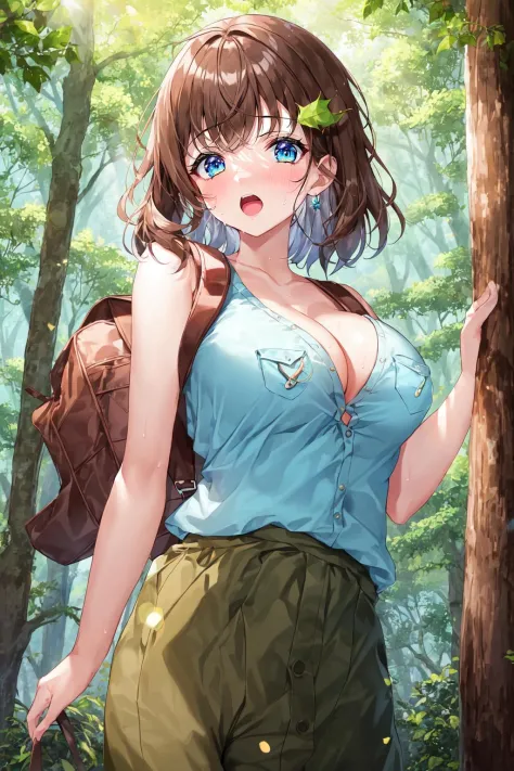 1girl, masterpiece, extremly detailed, (beautiful detailed glow), lens flare, forest, brown hair, floating hair, medium hair, bangs, green top, explorer, breast pocket, bare arms, blue eyes, open mouth, sweat, brown pants, short pants, thighs, sunshine, gr...