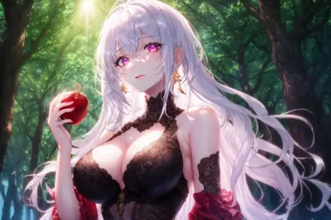 1girl, masterpiece, best quality, extremly detailed,cinematic lighting, finely detailed beautiful face and eyes, 8k, dark intense shadows, white hair, long hair, upper body, red eyes, pink lips, expressionless, (forest), large breasts, white dress, tree, s...