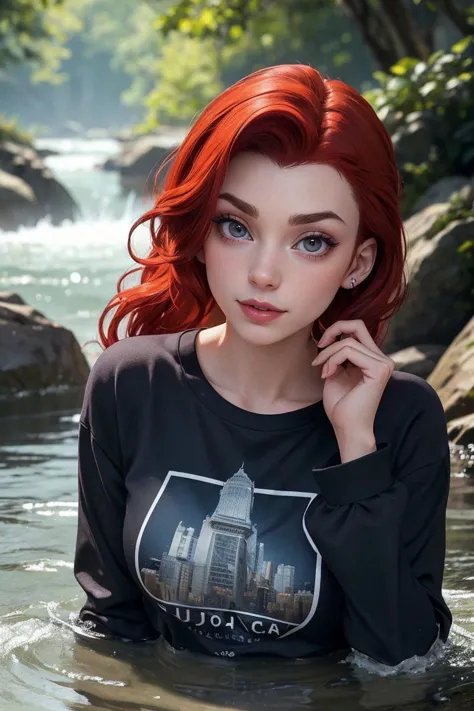 portrait of S442_ArrielleEdwards,a beautiful woman,in a (river:1.1),wearing a (long-sleeved-tshirt),(wet-hair),(4k, RAW photo, best quality, 50mm, depth of field, ultra high res:1.1),(intricate, photorealistic, cinematic-shot, masterpiece, ultra-detailed:1.1),