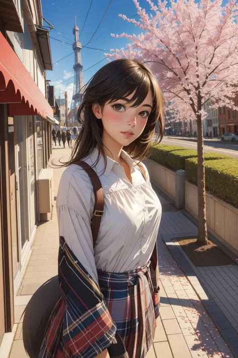 anime girl with shoulder bag and backpack on sidewalk in front of a building