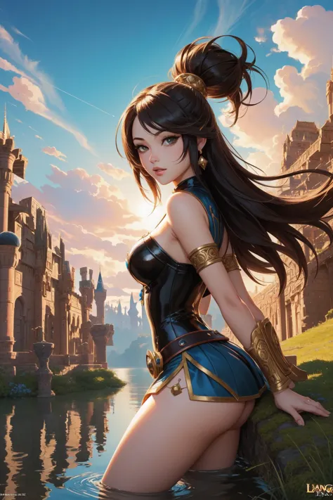 a woman in a black and blue outfit standing in front of a castle