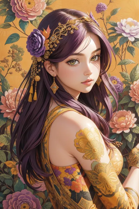 a woman with purple hair and tattoos holding a flower