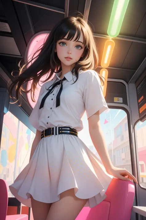 a close up of a woman in a short dress on a train