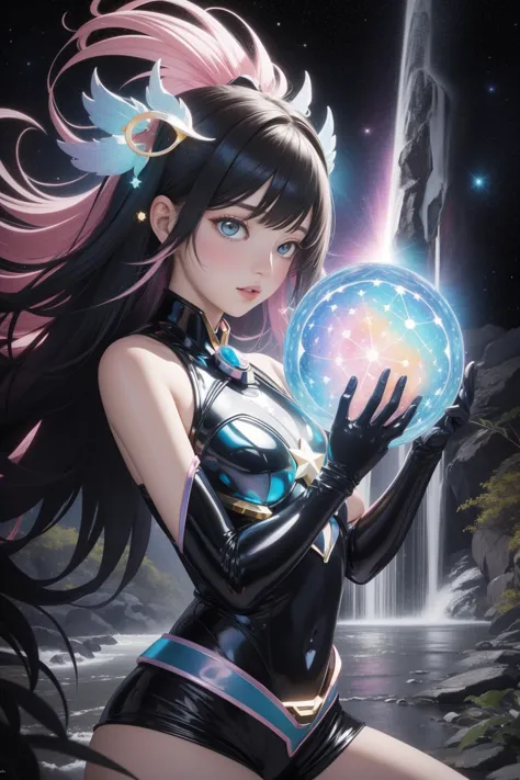 a woman in a black outfit holding a crystal ball