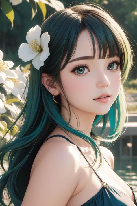 a woman with green hair and a flower in her hair