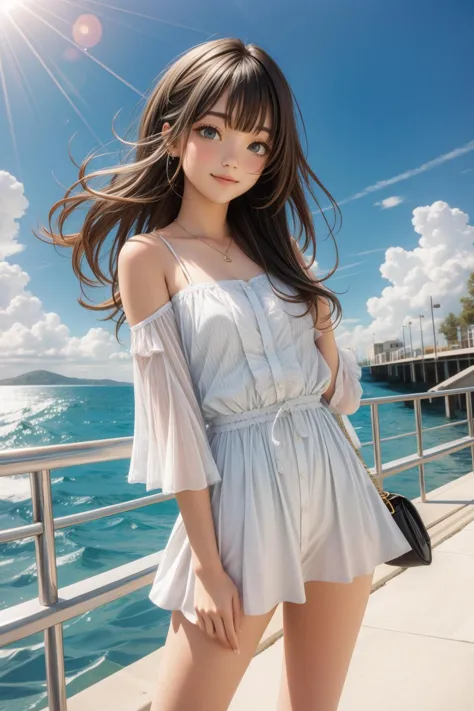 a woman in a white dress standing on a pier next to the ocean