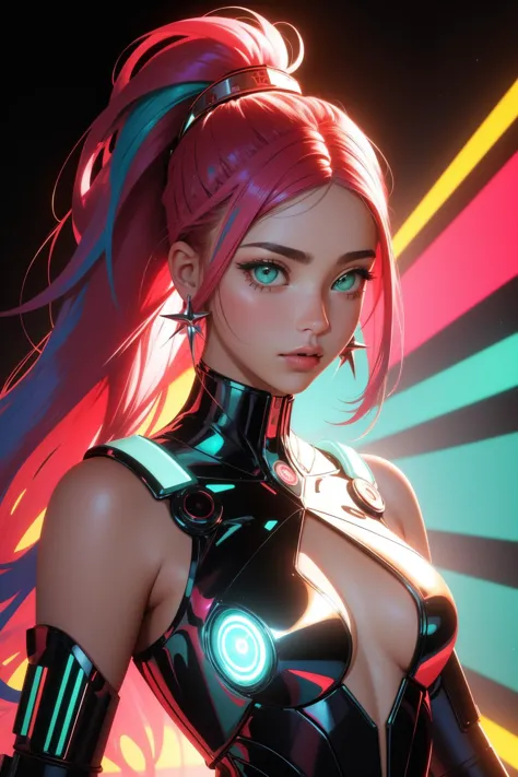 a woman in a futuristic outfit with pink hair and a neon light