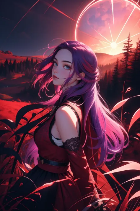 a woman with purple hair and a red dress stands in a field