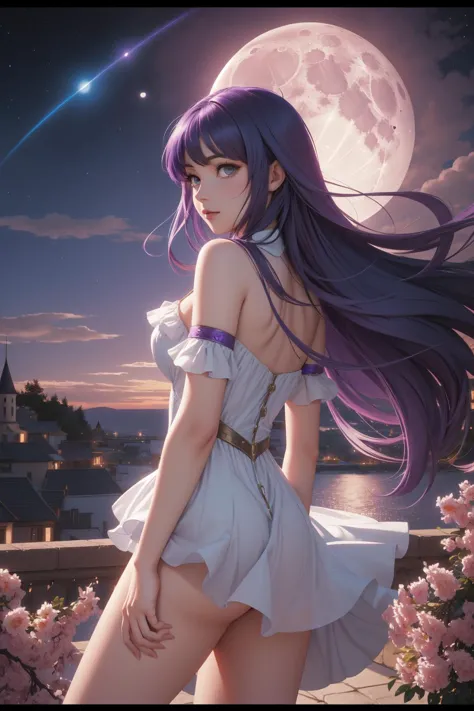 a woman with long purple hair standing in front of a full moon