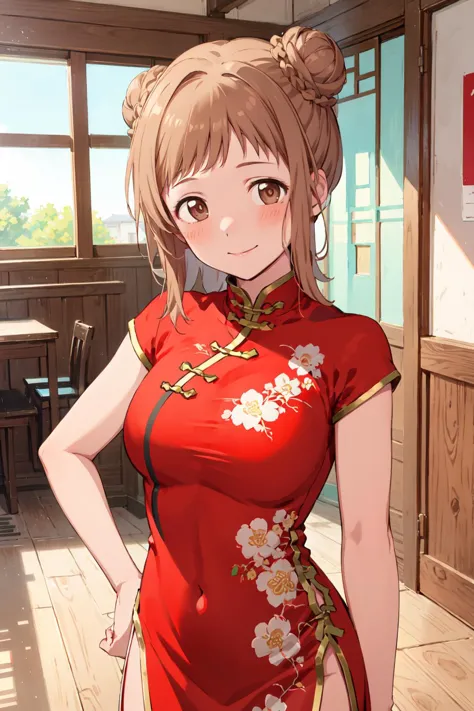 m_sakuragi, medium hair, (hair double bun:1.2), brown hair, right brown hair, brown eyes, smile, looking at viewer, indoor, closed mouth, bangs, blush, cowboy shot, chinese clothes, china dress, bare <lora:m_sakuragi:1>