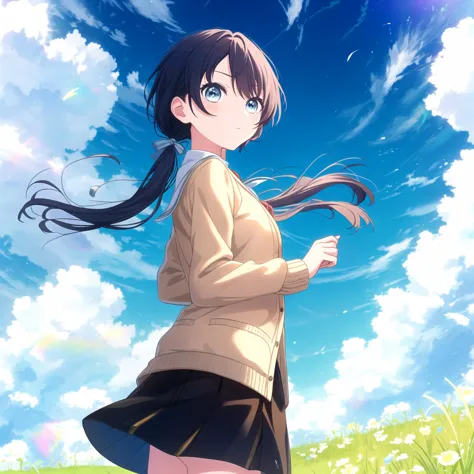 (Haute qualité, Meilleure qualité, chef-d&#39;œuvre), 1fille, seulement, Murano Sayaka, ciel bleu_uniforme, (ouvrir_cardigan), regarder_à_téléspectateur, Sans expression, parc, herbe, Ciel, nuage, jour