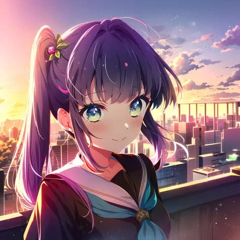 alta qualidade, melhor qualidade, obra de arte, absurdos, otomune kozue, céu azul_uniforme, 1 garota,  verde_olhos, telhado, sorriso, pôr do sol, corar, Sozinho