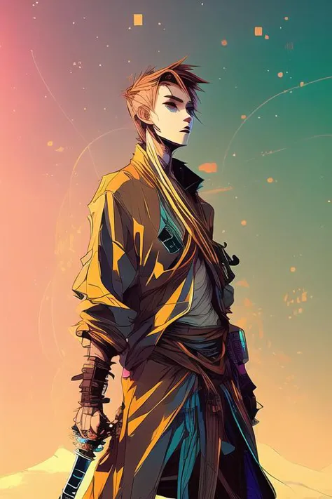 a man with a sword standing in front of a colorful sky