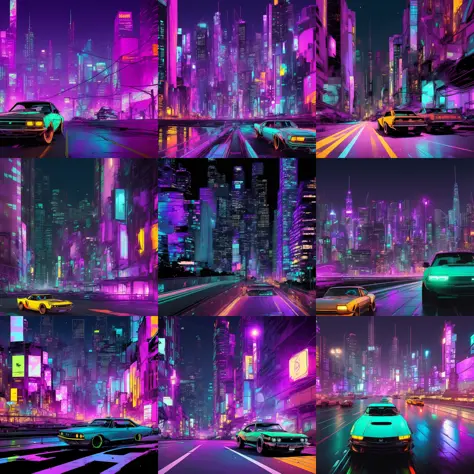 (samdoesarts:1.3), nvinkpunk, (cars), (city), night time, neon lights, photorealistic, closeup, wide angle view