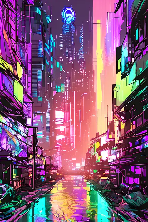 (samdoesarts:1.3), nvinkpunk, a photorealistic cyberpunk landscape, neo stars, lens flare, aurora borealis, cityscape, drawing, thick lines