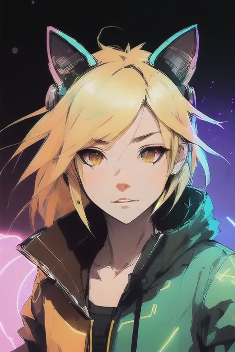 1girl, blond hair,  cat_ears, animal_ears, solo, dark_skin, tan_skin, foggy neon futuristic,  summer jacket, sakura falling, portrait style, looking_at_viewer, cinematic lighting,  eyeliner, makeup, emotional,  highly detailed, wide shot, sharp focus,    ring light, rim lighting, octane render, ring light, rim lighting, nvinkpunk, samdoesarts