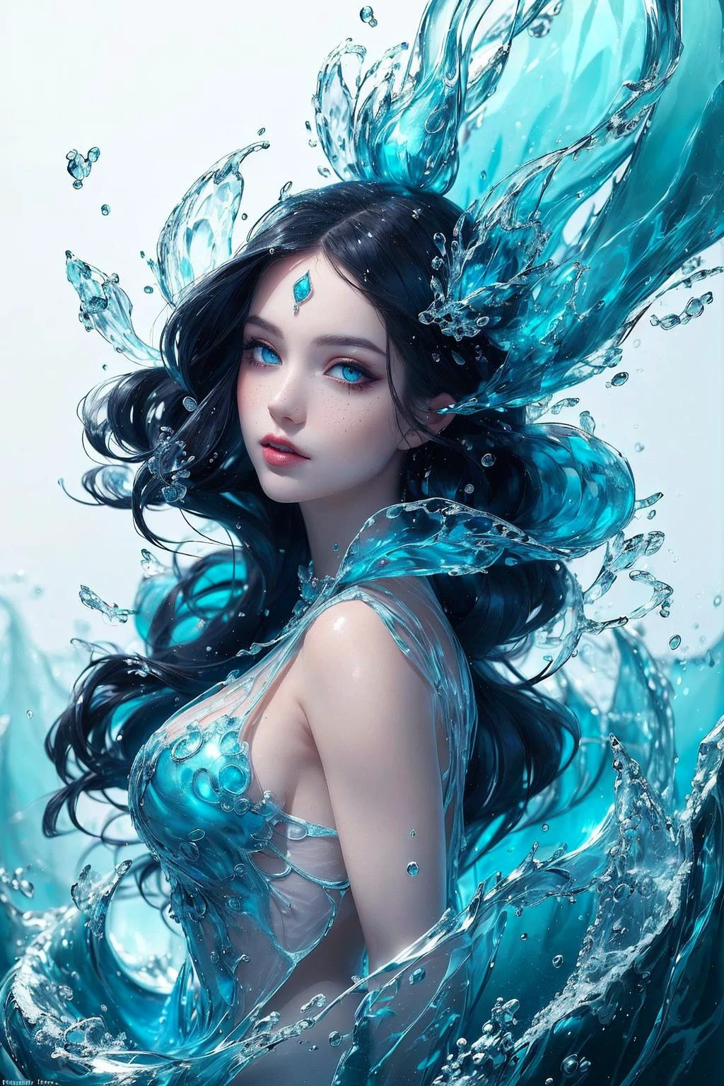 (masterpiece, top quality, best, official art, beautiful and aesthetic, long exposure:1.2),    fluid movement, captivating patterns,  
1 girl, adult russian woman, freckles, jade eyes, black lob hair,
 portrait, solo, upper body, looking at viewer, detailed background, detailed face, (crystallineAI, crystalline theme:1.1),  elemental water wizard,  swirling water, controlling the water, fantasy sorcerer clothes, dynamic pose, floating particles,  ethereal dynamic, water,  vapor, ocean in background, blue tones, shore,  ethereal atmosphere,