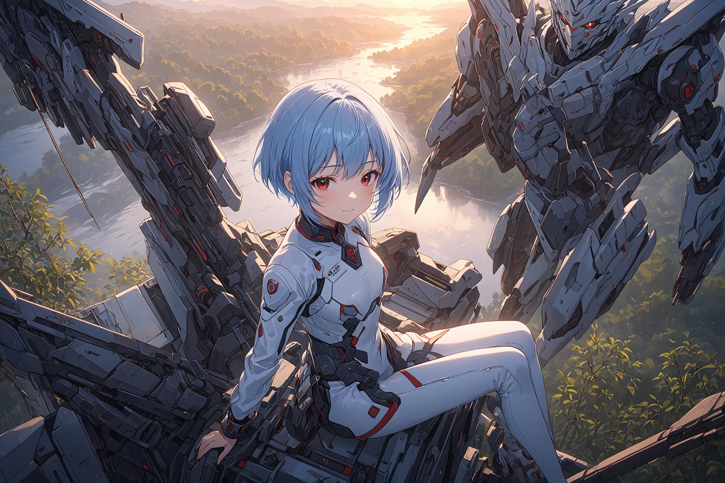 Anime girl sitting on a ledge with a giant robot in the background - SeaArt  AI