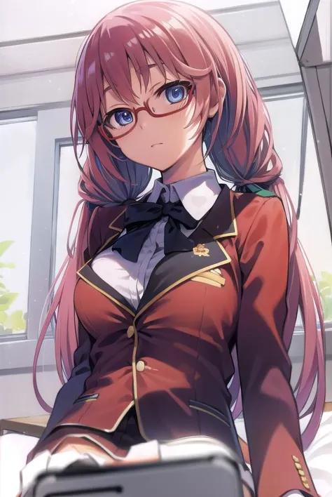 anime girl with long pink hair and glasses sitting on a bed