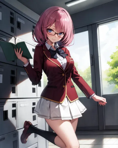 chef-d&#39;œuvre, Meilleure qualité, absurdes, 1fille, bouche fermée, Airi Sakura aux yeux bleus, Lunettes, cheveux longs, cheveux roses, (twintails bas:1.5), casser Lunettes, advanced nurturing high uniforme scolaire, blazer, blazer rouge, arc, arctie, collared chemise, veste, manches longues, pleated jupe, uniforme scolaire, chemise, chaussures, jupe, white chemise, white jupe, chaussettes blanches,
(regarder le spectateur), (tsurime) (belles mains, des mains parfaites), Casiers,
,
casser (grande profondeur de champ), (Anatomie parfaite), cow-boy et, éclairage volumétrique