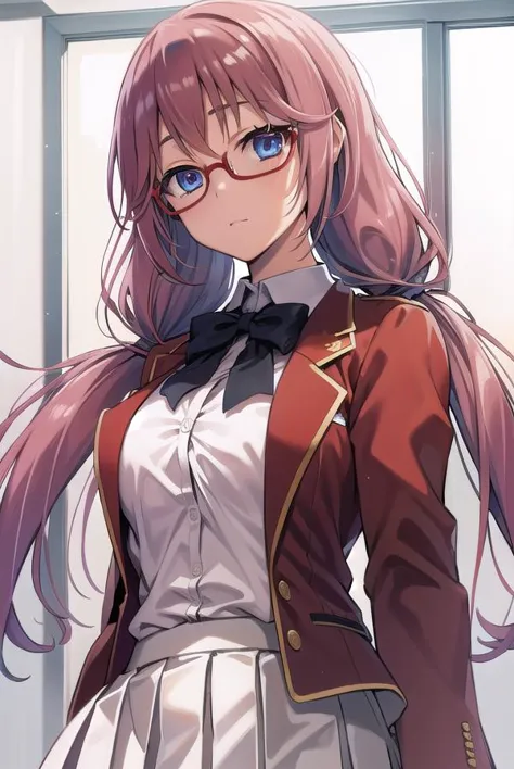 airisakura, <lyco:airisakura-lyco-nochekaiser:1>,
airi sakura, blue eyes, glasses, long hair, pink hair, (low twintails:1.5),
BREAK glasses, advanced nurturing high school uniform, blazer, red blazer, bow, bowtie, collared shirt, jacket, long sleeves, pleated skirt, school uniform, shirt, shoes, skirt, white shirt, white skirt, white socks,
BREAK looking at viewer, full body,
BREAK indoors, classroom,
BREAK <lyco:GoodHands-beta2:1>, (masterpiece:1.2), best quality, high resolution, unity 8k wallpaper, (illustration:0.8), (beautiful detailed eyes:1.6), extremely detailed face, perfect lighting, extremely detailed CG, (perfect hands, perfect anatomy),