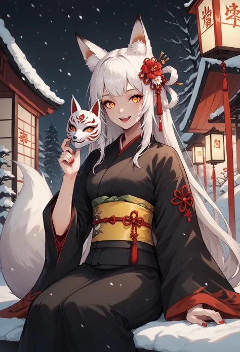 1girl,japanese clothes, long hair, kimono, solo, fox mask, animal ears, mask, white hair, snow, flower, fox ears, red eyes, open mouth, holding, sash, red nails, black kimono, fox girl, obi, red flower, wide sleeves, looking at viewer, sitting, long sleeves, very long hair, holding mask, fox tail, fox, nail polish, camellia, lantern, yellow eyes, yellow sash, smile, shimekazari, hand up, tail, hair ornament, hollow eyes, breasts, small breasts, outdoors, virtual youtuber, hair flower, hair rings, extra ears,  BREAK PonyXLV6_Scores