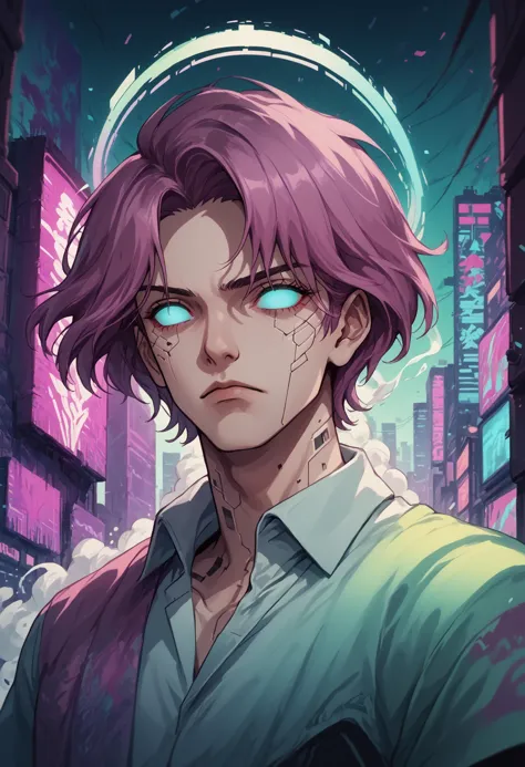 a man with purple hair and blue eyes standing in a city