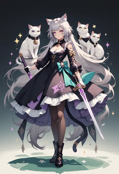 a woman in a dress with cats and a sword