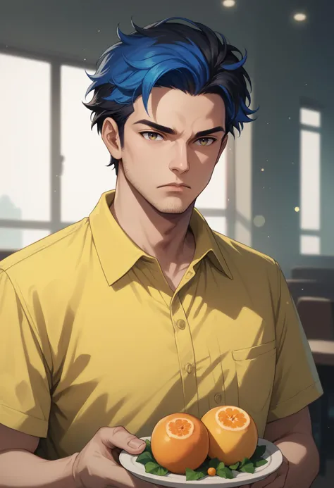 anime guy with blue hair holding a plate of oranges