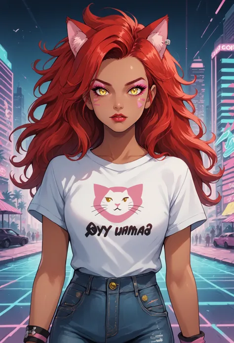 a woman with red hair and a white shirt with a cat on it