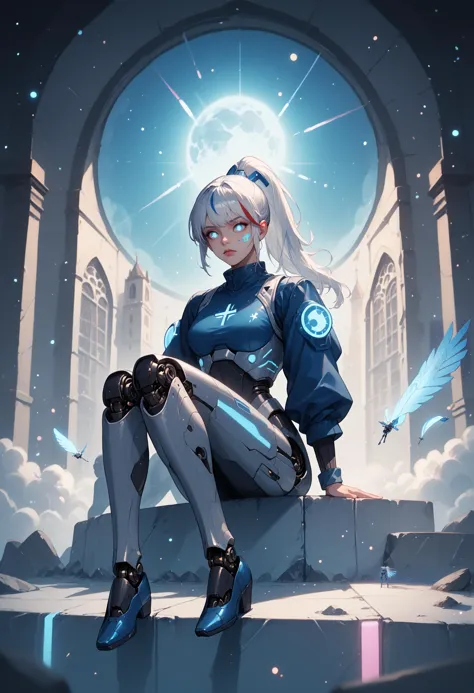 a girl inside the church with white hair and blue pupil surrounded by many glowing feathers in cold face,detailed face,night with bright colorful lights whith richly layered clouds and clouded moon in the detailed sky,a lot of glowing particles,high ponytail,mecha clothes,robot girl,cool movement,sliver bodysuit,filigree,delicate and (intricate) hair,((sliver)) and (broken) body,blue streaked hair,full body,Depth of field, sitting on a blue star , BREAK PonyXLV6_Scores