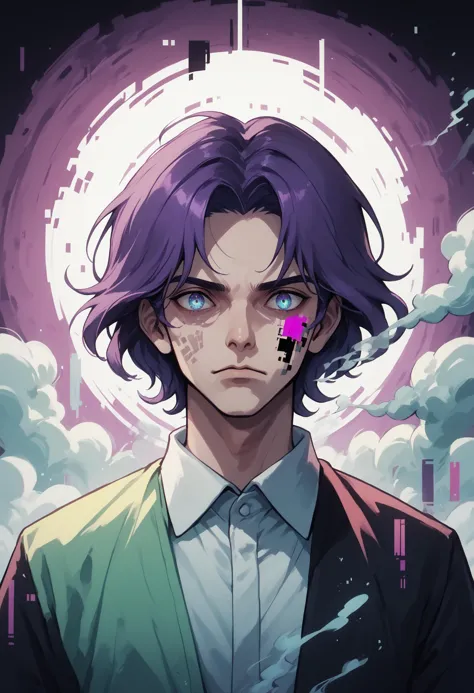 a man with purple hair and a suit and tie standing in front of a full moon