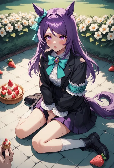 anime girl sitting on the ground with a plate of strawberries