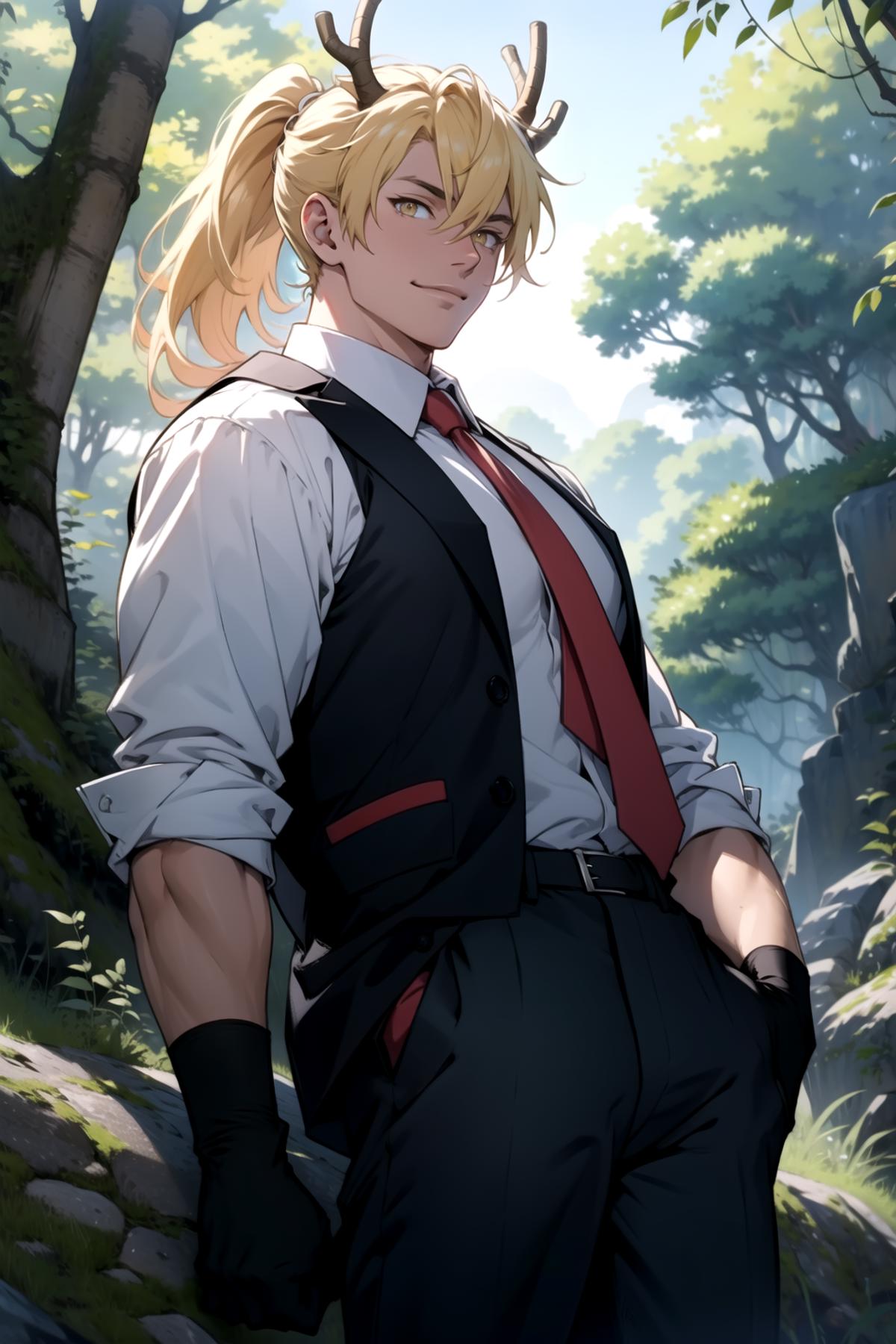 Anime character with blonde hair and a red tie standing in a forest -  SeaArt AI