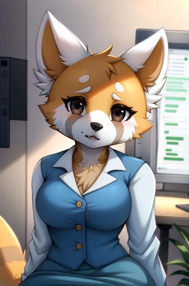 1girl, RetsukoCzar, (two-toned fur, orange fur, black eyes, whiskers, animal ears, racoon tail, striped tail, snout), (blue skirt, white long-sleeved shirt, blue vest, office lady), (interior, office), (masterpiece:1.2), hires, ultra-high resolution, 8K, high quality, (sharp focus:1.2), clean, crisp, cinematic, 
