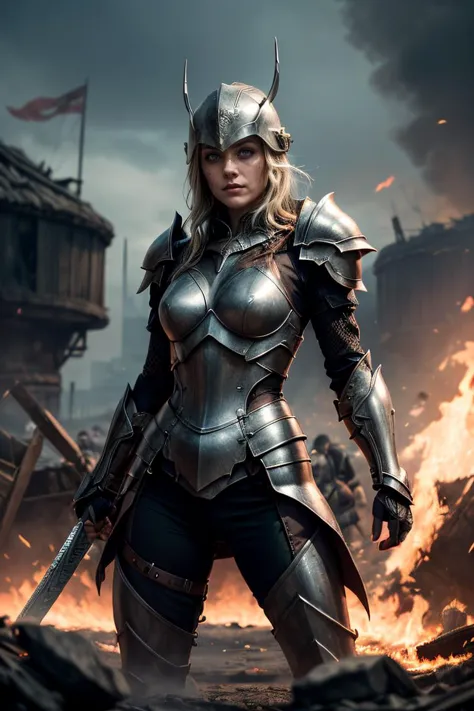 fierce female warrior, standing in the midst of a roaring battlefield. She is armored in a suit of gleaming, intricately designe...