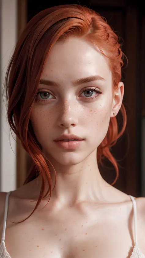 high quality, detailed, intricate, woman, red hair, freckles, detailed hair, detailed skin, detailed eyes, detailed lips, dress