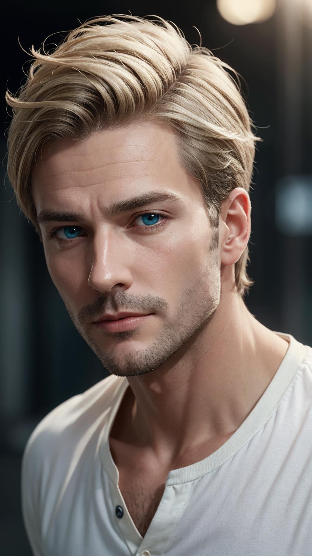 A man with blonde hair and blue eyes looking at the camera - SeaArt AI