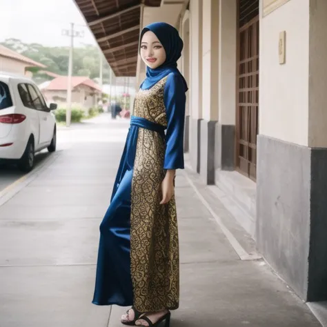 a girl wearing Silk Malaysian Baju Kurung: Comprises a long dress with a matching headscarf.