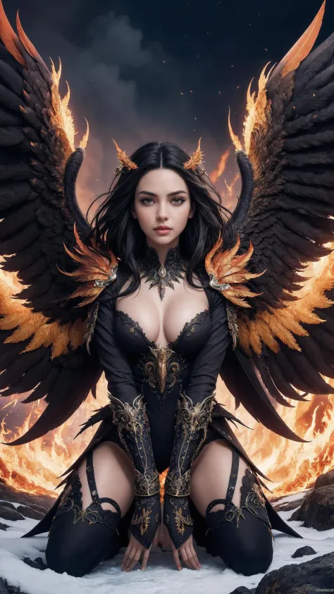 front, closed, kneeling, looking at viewer, (fantasy style), high quality, official art, official wallpaper, (phoenix woman), black phoenix, black hair, (detailed feathers), (fiery wings), phoenix armor, mid flight, (detailed plumage), glowing effects, fire, flames, dramatic lighting, fire and ice contrast, detailed, sharp focus, flaming scenery, intricate, (epic scenery:1.05), vibrant colors, hdr, (detailed scenery:1.08), (intricate scenery:1.07), detailed skin, detailed hair, detailed eyes, detailed lips