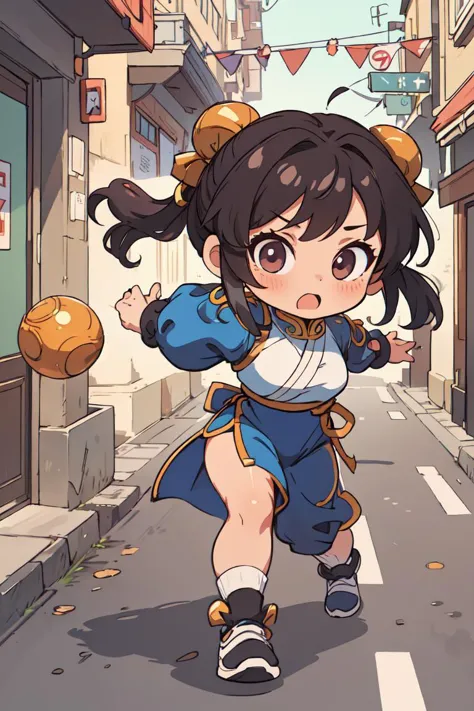 (masterpiece),(best quality), 1girl,chibi, Chun-Li, full body,Street fighting. <lora:Guofeng_mengwan_v1:0.6>, <lora:shuV2:0.4>